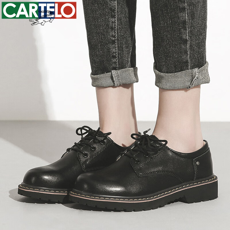 CARTELO British Style Retro Small Leather Shoes Women's Strap Single Shoes KDLYJ-WF031 Black 36