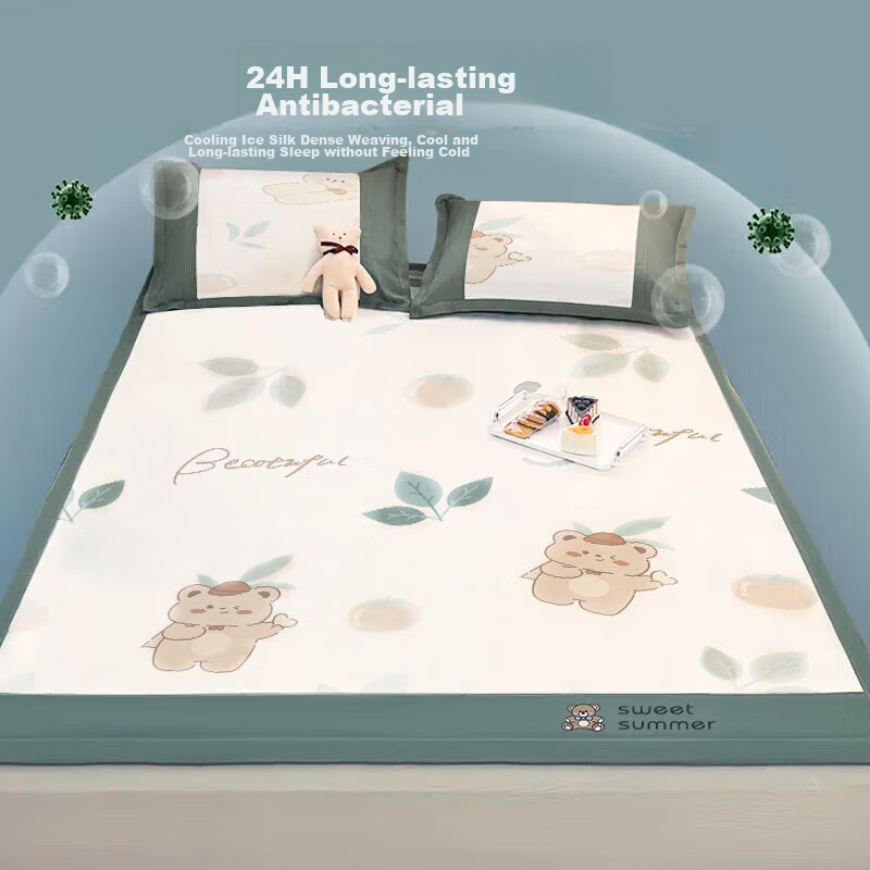 Jiuzhoulua Class A Antibacterial Embroidered Sandwich Cooling Mat, Ice Silk Mat, Double-Size Three-Piece Set, Sweet Bear Design, 1.5 Meters [Foldable]