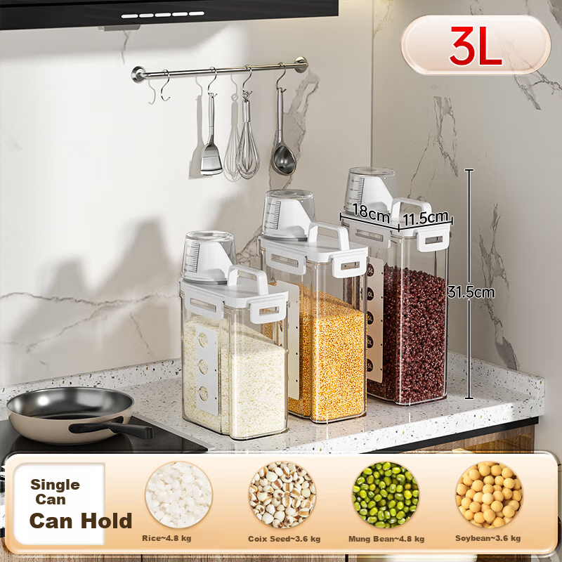 Kitchen Rice Bucket Set of 2, 3L Rice Box Grain Storage Container Sealed Jar Insect-proof Moisture-proof Storage Bin Flour Bucket