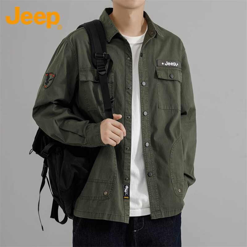 JEEP Men's Shirt, Spring And Autumn Long-Sleeve Shirt, Men's Workwear Jacket, Loose Casual Clothing, Men's Wear, Army Green, M