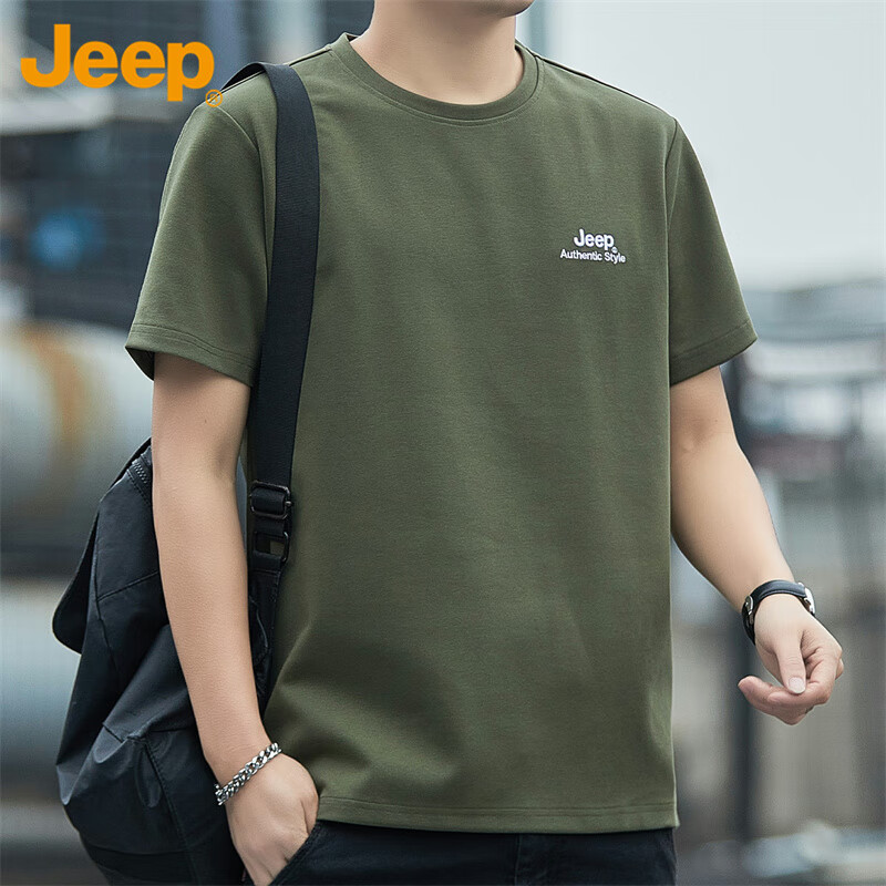 JEEP Men's T-Shirt, Short Sleeve, Summer Cool Feeling, Loose Fit, Trendy, Versatile, Casual Sportswear, Men's Clothing, Army Green, 4XL