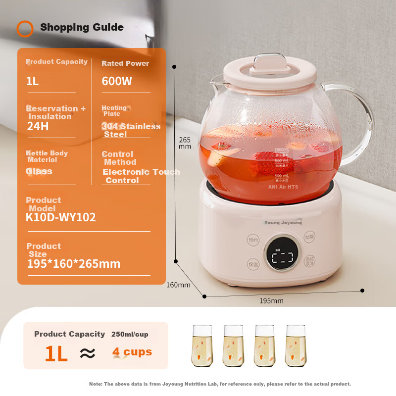 Joyoung Glass Health Pot Constant Temperature Pot 1L Office Multi-function Tea Pot Flower Tea Pot 0 Glue Boiling Water Pot 24h Appointment 24h Insulation K10D-WY102