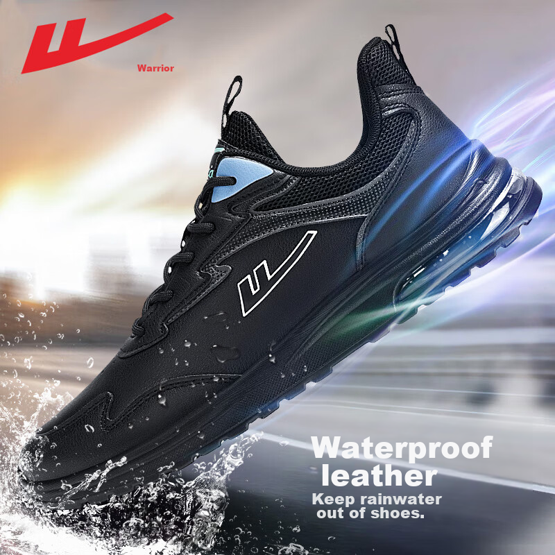 Warrior Official Sports Shoes for Men, Autumn And Winter Air Cushion Shock-Absorbing Versatile Running Shoes, Waterproof Casual Shoes for Men, All Black, Size 44