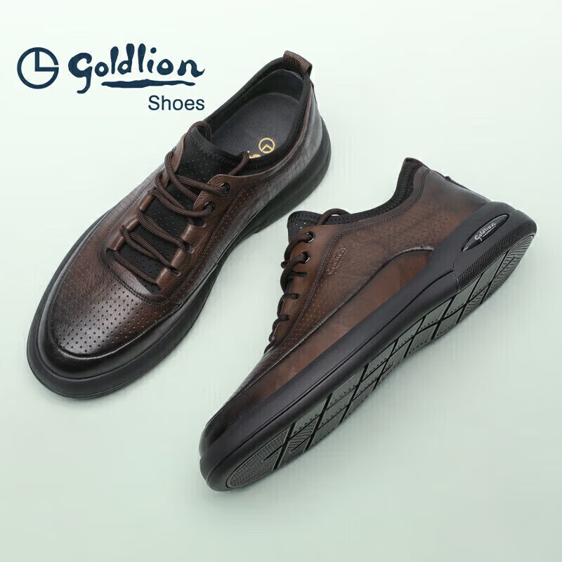 Goldlion Men's Hollow Breathable Comfortable Wear-resistant Casual Leather Shoes G506230114CCD Brown Size 41