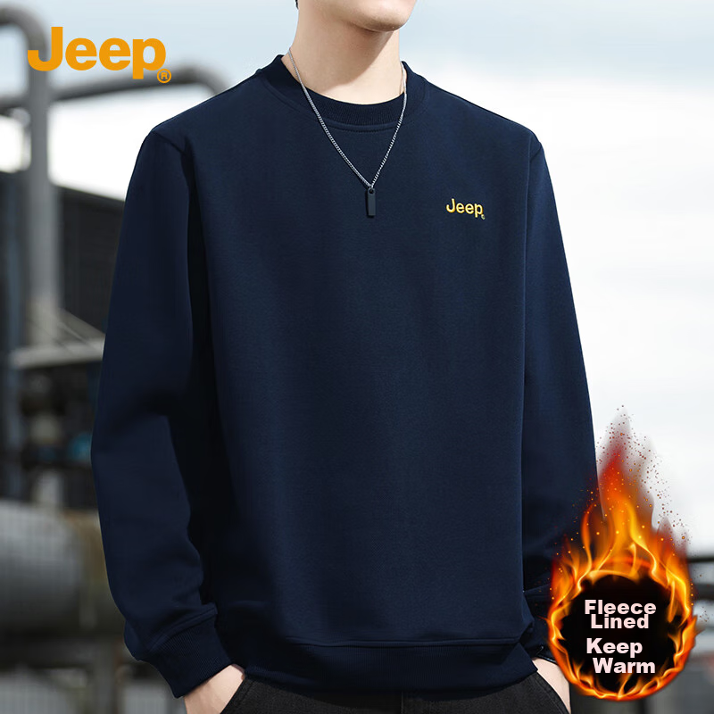 JEEP Sweatshirt for Men, Loose Embroidered Crew Neck Long-Sleeve T-Shirt, Casual Sportswear, Men's Clothing 102, Navy Blue with Fleece Lining, 3XL