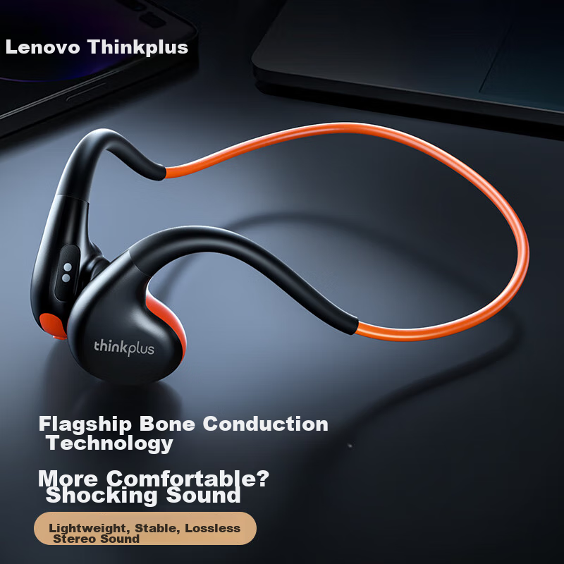 Lenovo Bone Conduction Sports Bluetooth Headphones, IPX7 Waterproof And Dustproof, Open-Ear Design for Running, Cycling without Earbuds, Long Battery Life, Compatible with All Phones, X7 Black And Ora