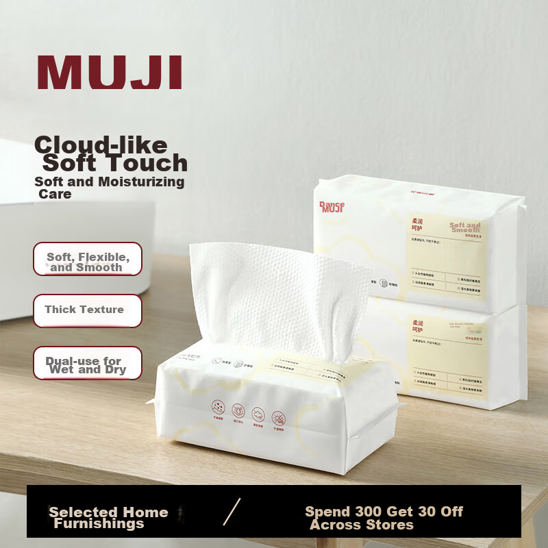 MUJI Disposable Facial Cleansing Wipes, Dual-Use for Dry And Wet, Face Towels for Travel And Home Use, Portable, 60 Sheets * 3 Packs, 20 * 20cm