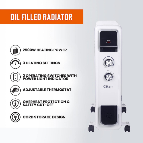 Clikon - 13 Fin Oil Heater with 3 Heat Settings, 2 Operation Switches