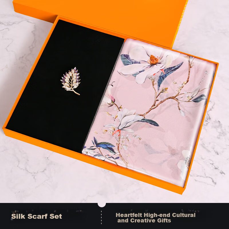 Hangsi Mansion Silk Scarf Women Mulberry Silk Small Square Scarf Brooch Gift Box...
