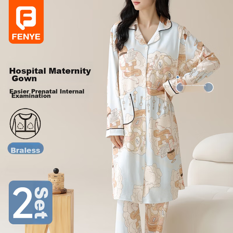 FENYE Maternity Nursing Nightgown with Chest Pads, Hospital Maternity Dress, Aut...