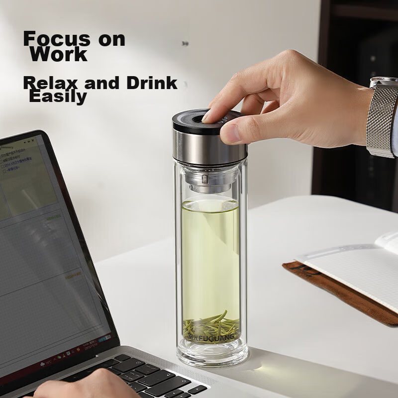 Fuguang Double-Layer Glass Tea Cup Car-mounted One-Click Open Tea Brewing Cup Hi...