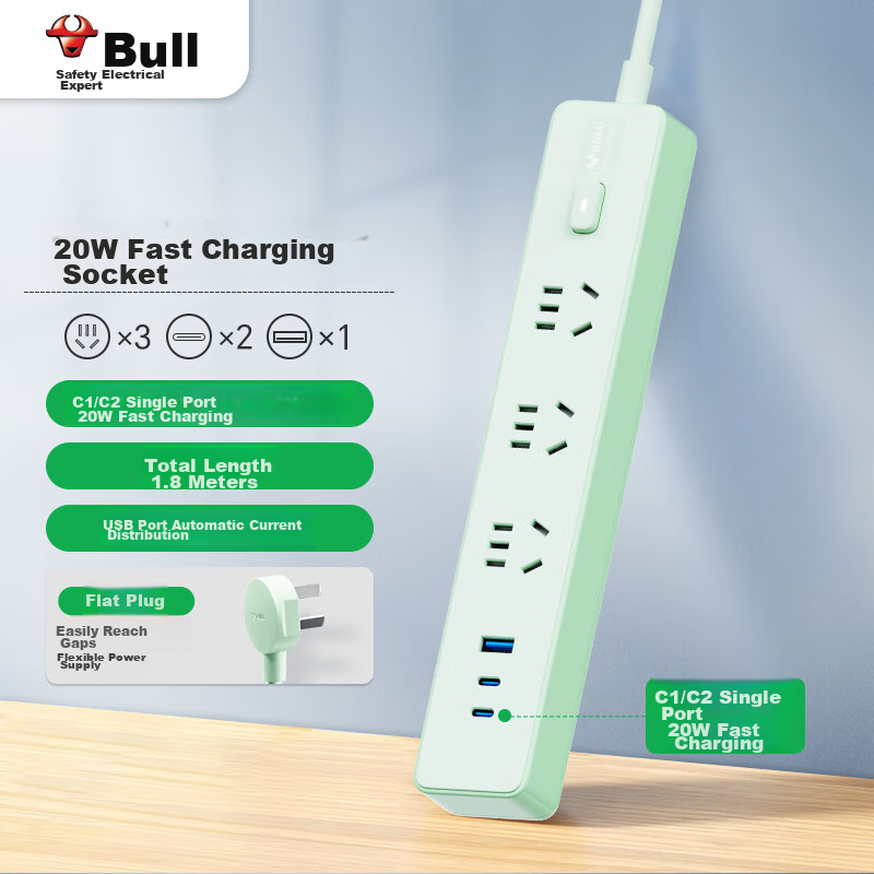 BULL 20W PD Apple Fast Charging Power Strip/Extension Cord/Power Bar/Power Strip...