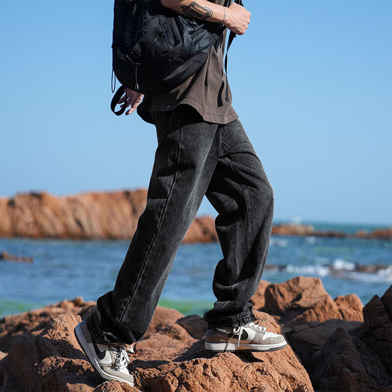 Dingfengbaoluo Stone Washed Vintage Jeans for Men, Loose-Fitting Breathable Stra...