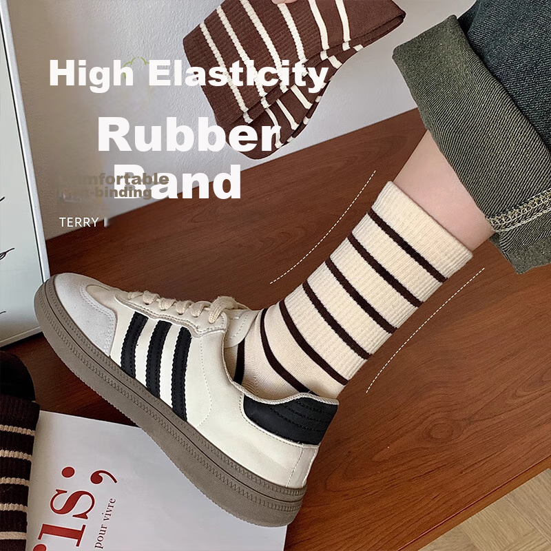 GUJIN (GUJIN) 5 Pairs Women's Mid-Calf Socks Autumn Winter Striped Cotton Long T...