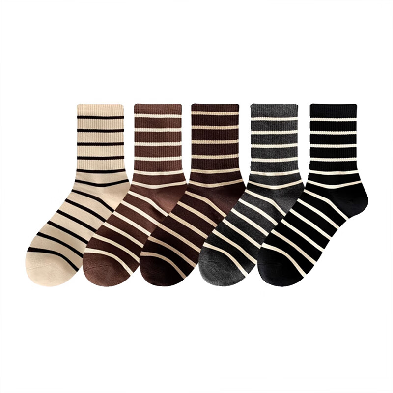 GUJIN (GUJIN) 5 Pairs Women's Mid-Calf Socks Autumn Winter Striped Cotton Long T...