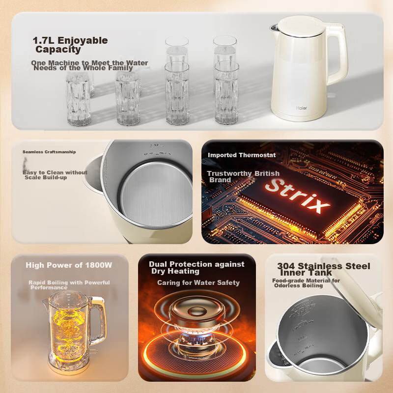 Haier Electric Kettle HSK-K617LW2 with Small Red Flower Set, 1.7L Large Capacity...