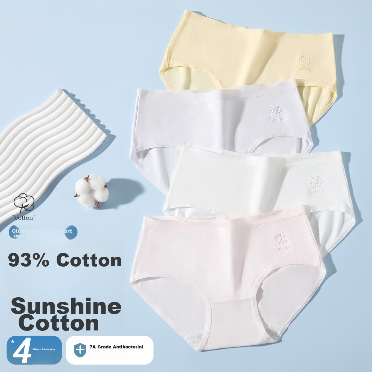 Fentengcare [7A Antibacterial 100% Pure Cotton Crotch] 4-Pack Women's Mid-Rise S...
