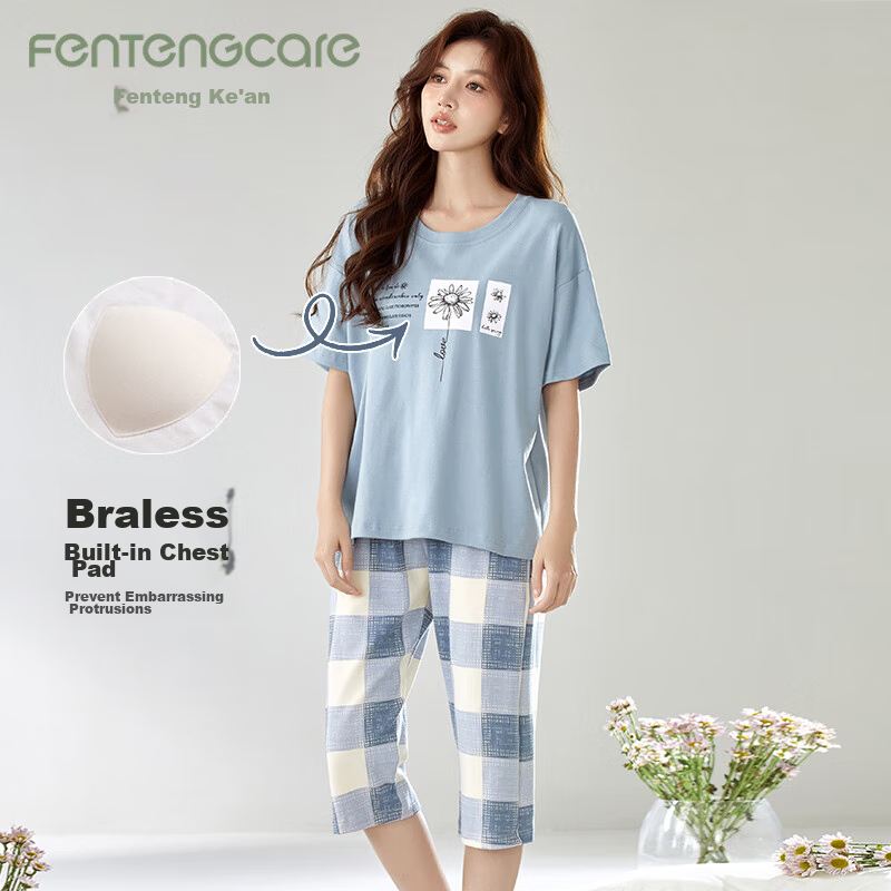 Fentengcare Women's Summer Thin Cotton Pajama Set with Chest Pads, Short Sleeves...