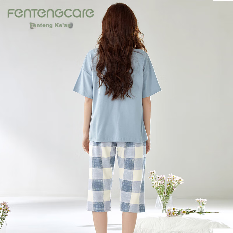 Fentengcare Women's Summer Thin Cotton Pajama Set with Chest Pads, Short Sleeves...
