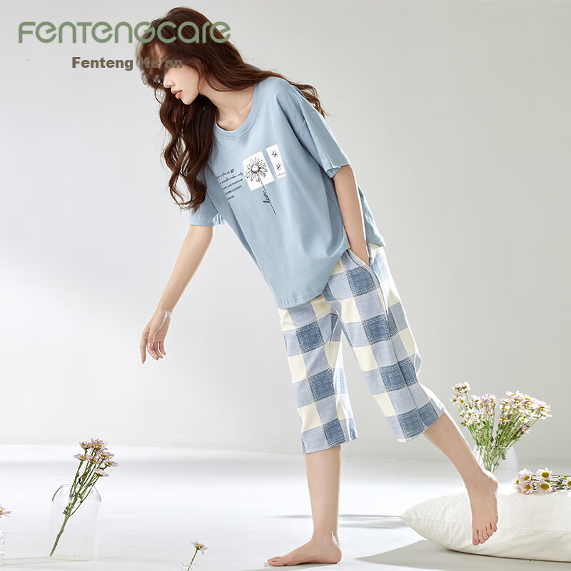 Fentengcare Women's Summer Thin Cotton Pajama Set with Chest Pads, Short Sleeves...