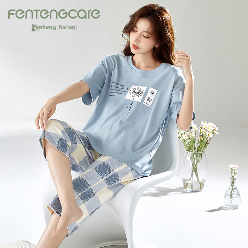 Fentengcare Women's Summer Thin Cotton Pajama Set with Chest Pads, Short Sleeves...