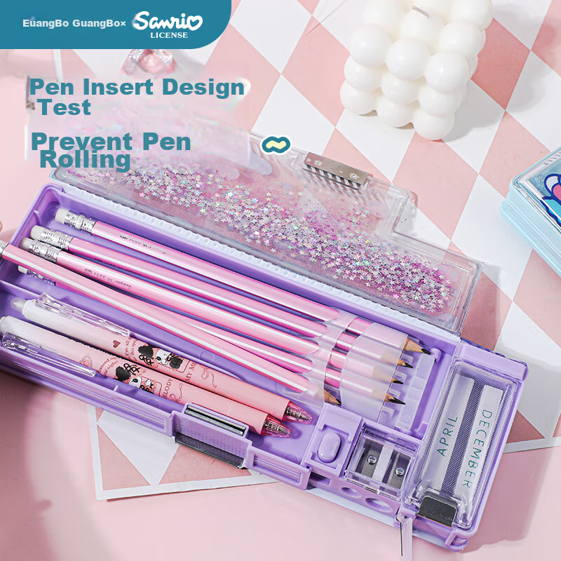 Guangbo & Sanrio Sand Art Pencil Case, Multi-Functional Plastic Pencil Box for E...