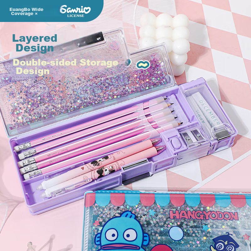 Guangbo & Sanrio Sand Art Pencil Case, Multi-Functional Plastic Pencil Box for E...