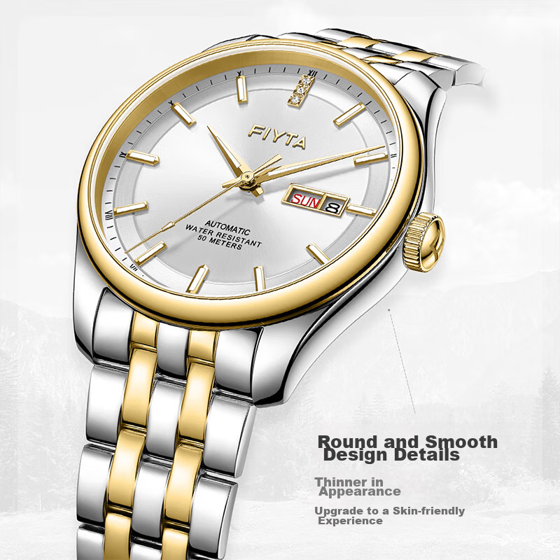 FIYTA Classic Series, Dual Calendar Three-Hand Gold White Dial Business Men's Au...
