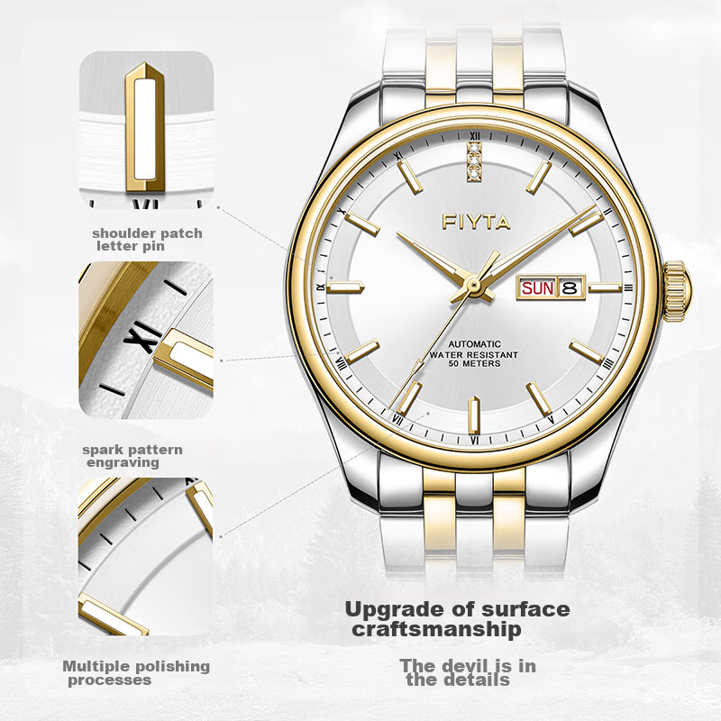 FIYTA Classic Series, Dual Calendar Three-Hand Gold White Dial Business Men's Au...