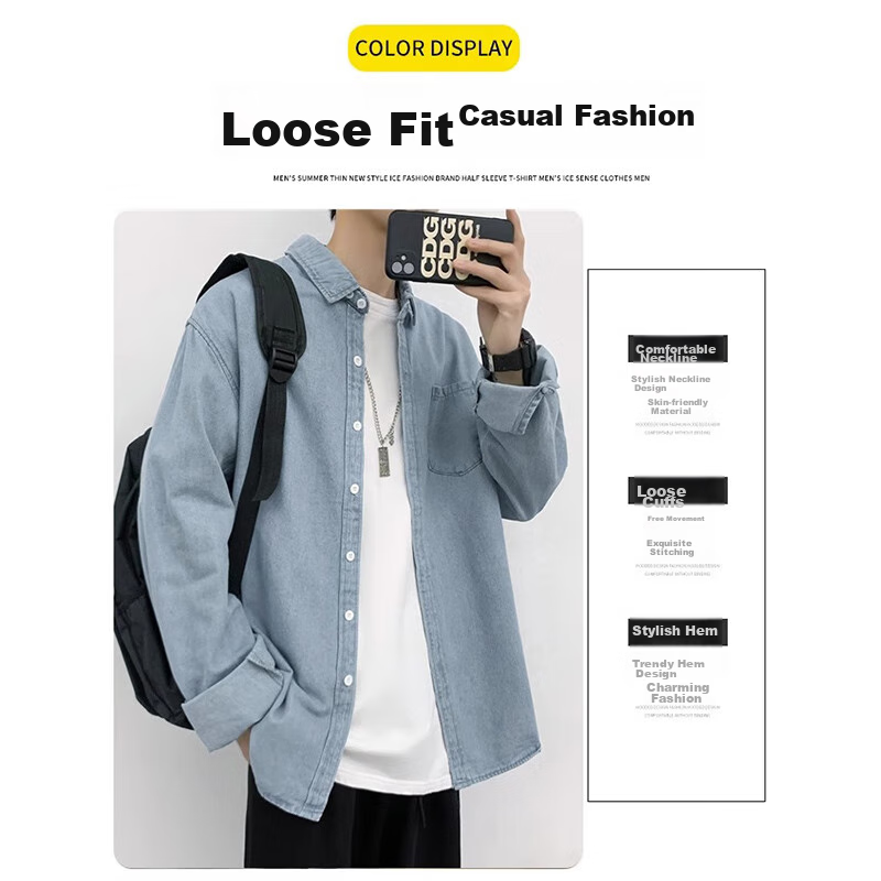 Dingfengbaoluo Denim Long-Sleeve Shirt for Men, Spring And Autumn Hong Kong Styl...