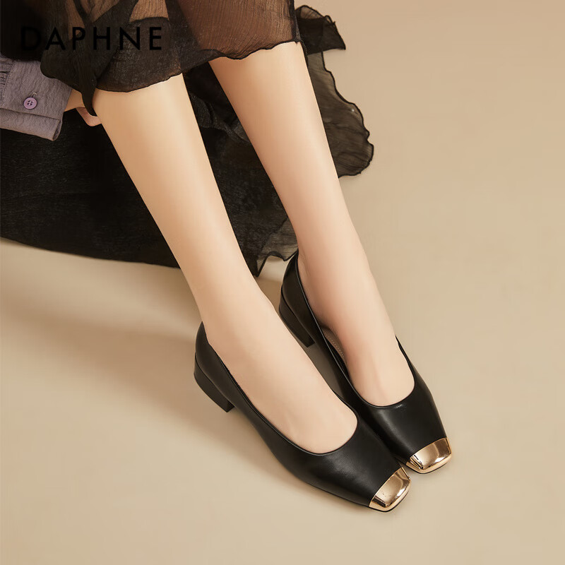 Daphne Low-Heeled Women's Single Shoes Round Head Thick Heel Small Leather Shoes...