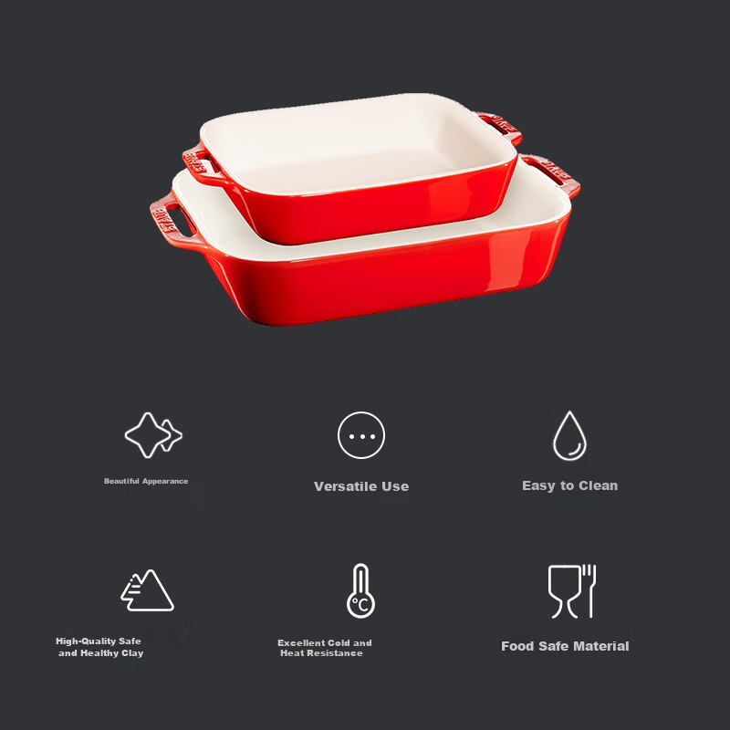 Staub Thick Square Baking Dishes 2-Piece Set 27cm+20cm, Cherry Red, 40508-627