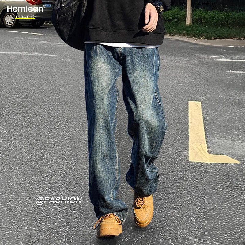 Homlean Street Retro Jeans for Men, Winter Season, Niche Trendy American-Style V...