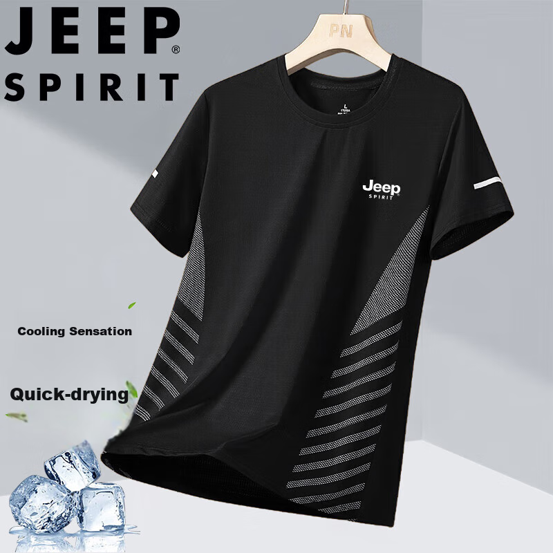 JEEP SPIRIT Men's Short-Sleeve T-Shirt, Summer Half-Sleeve, Ice Silk, Outdoor Ca...