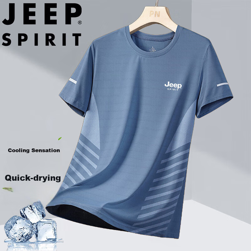 JEEP SPIRIT Men's Short-Sleeve T-Shirt, Summer Half-Sleeve, Ice Silk, Outdoor Ca...
