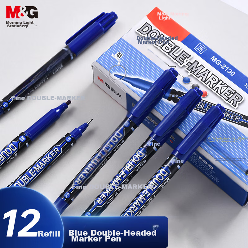 M&G Stationery Blue Double-Headed Fine-Tip Marker Pen, Student Outlining Pen, St...