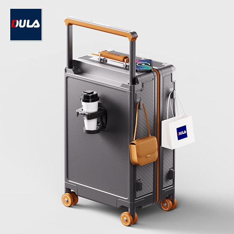 DULA Multi-Function USB Large Capacity Travel Password Suitcase Grey Brown 26-in...