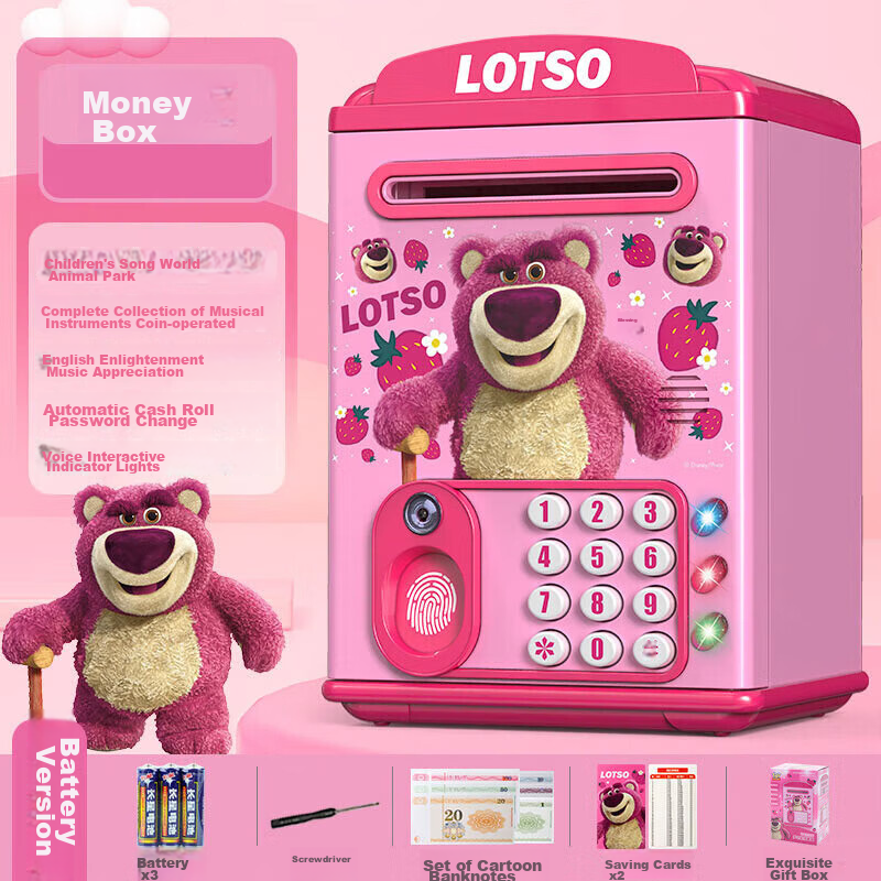 Disney Strawberry Bear Piggy Bank with Smart Password Lock, Automatic Dispenser,...
