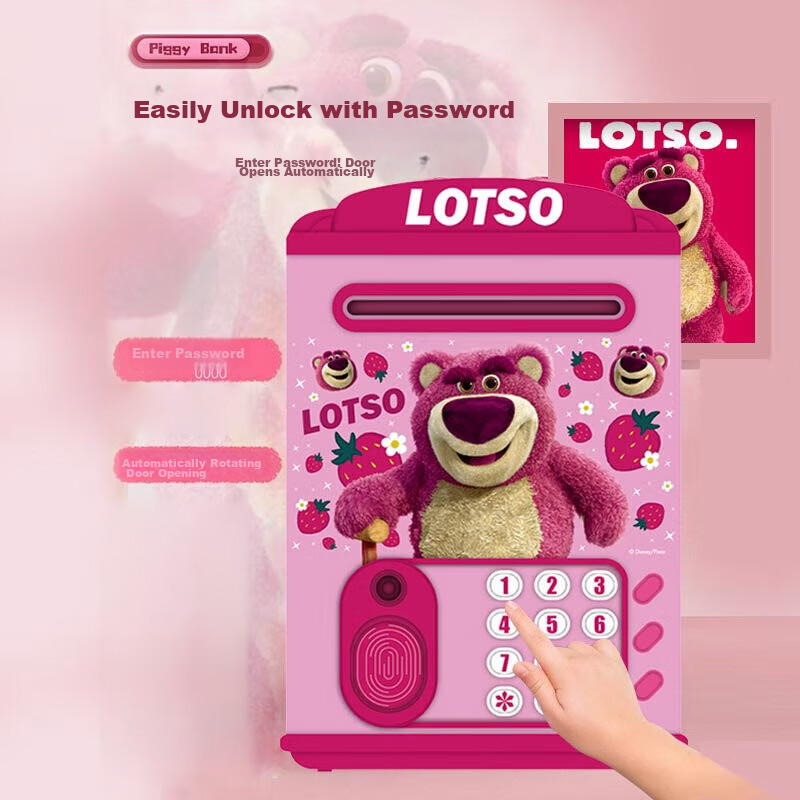 Disney Strawberry Bear Piggy Bank with Smart Password Lock, Automatic Dispenser,...