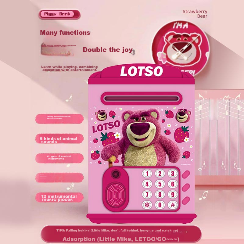 Disney Strawberry Bear Piggy Bank with Smart Password Lock, Automatic Dispenser,...