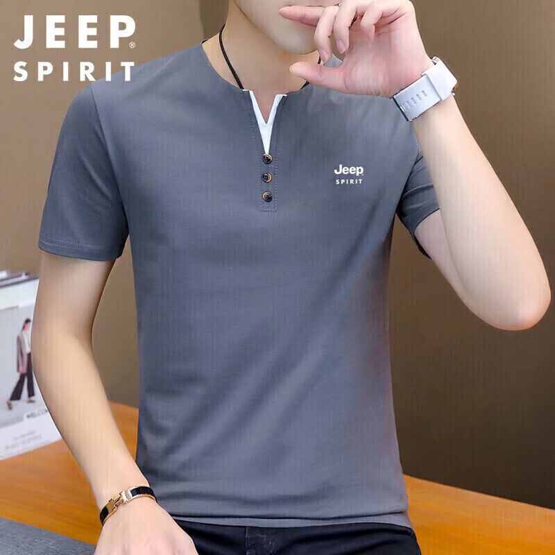 JEEP SPIRIT Men's T-Shirt, Summer Short-Sleeve, V-Neck, Solid Color, Breathable...