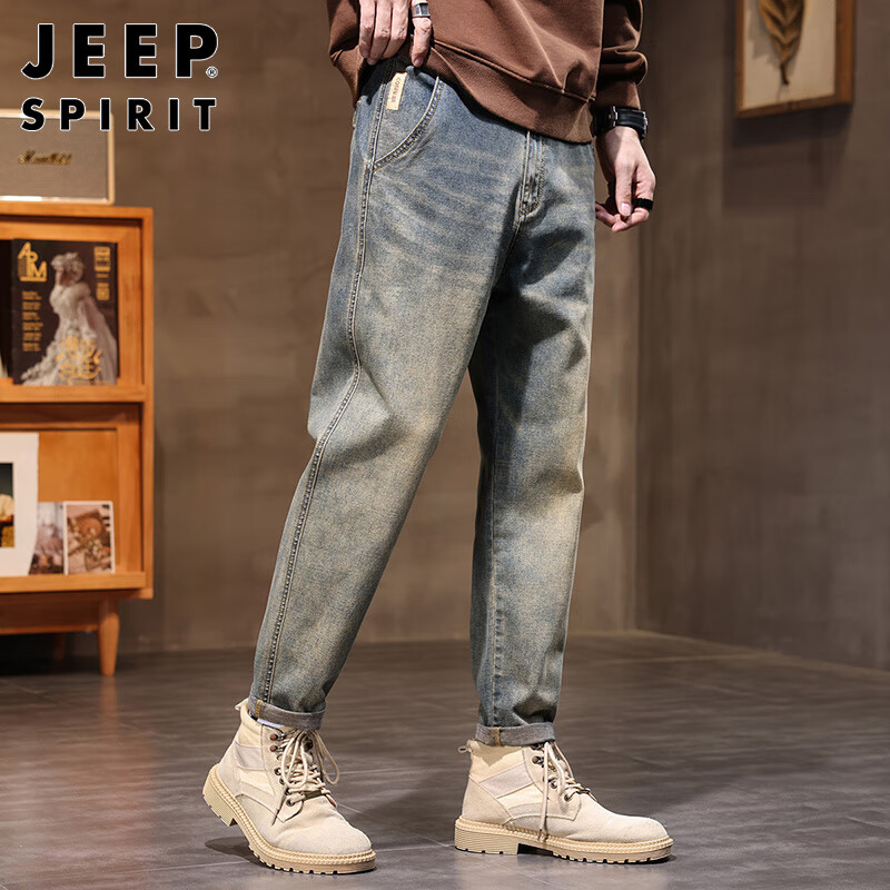 JEEP SPIRIT Men's Autumn and Winter Casual Loose Straight Wide-leg Retro Jeans f...