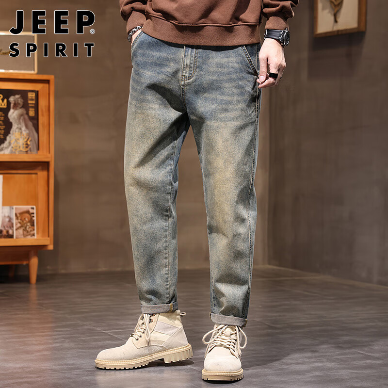 JEEP SPIRIT Men's Autumn and Winter Casual Loose Straight Wide-leg Retro Jeans f...