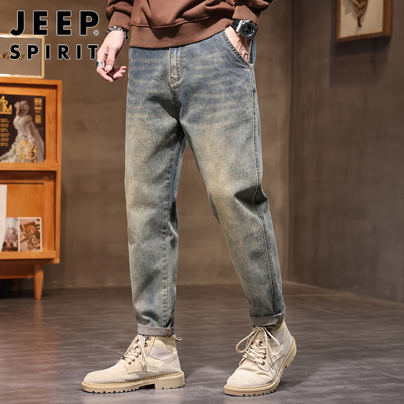 JEEP SPIRIT Men's Autumn and Winter Casual Loose Straight Wide-leg Retro Jeans f...