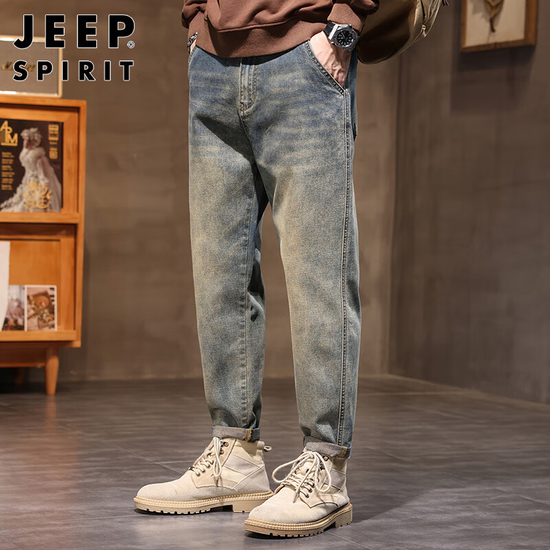 JEEP SPIRIT Men's Autumn and Winter Casual Loose Straight Wide-leg Retro Jeans f...