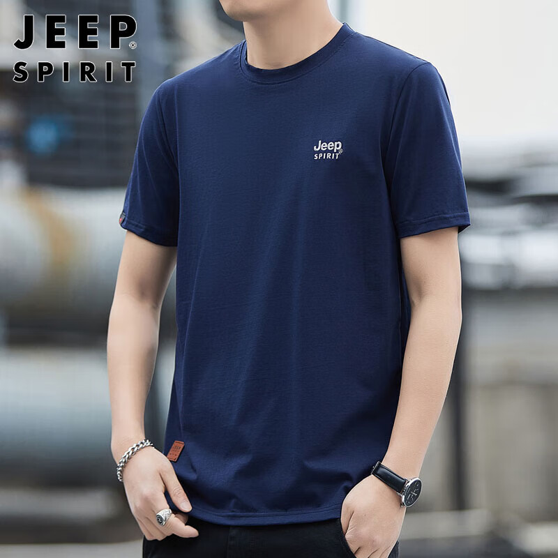 JEEP SPIRIT Men's Short-Sleeve Round Neck T-Shirt, Summer Undershirt, Business C...