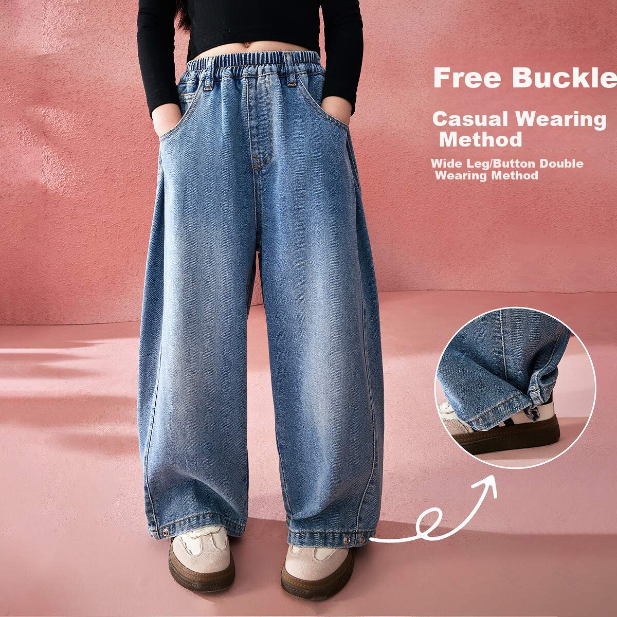 ASK JUNIOR Children's Washed Straight-Leg Jeans, 2025 Spring Girls' Retro Sports...