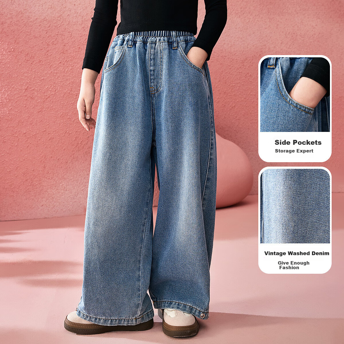 ASK JUNIOR Children's Washed Straight-Leg Jeans, 2025 Spring Girls' Retro Sports...