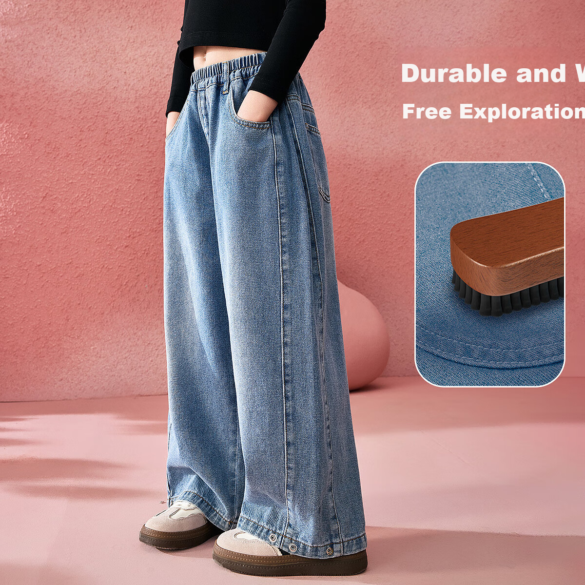 ASK JUNIOR Children's Washed Straight-Leg Jeans, 2025 Spring Girls' Retro Sports...