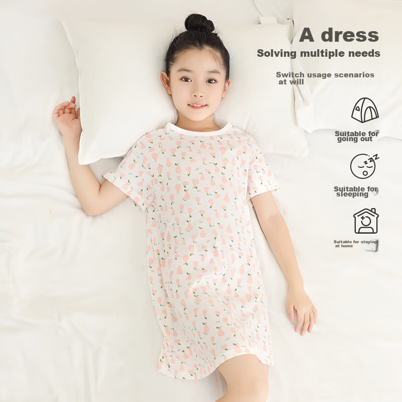 Hongdou Girls' Cotton Nightgown, Thin Spring And Summer Sleepwear, Children's Sh...